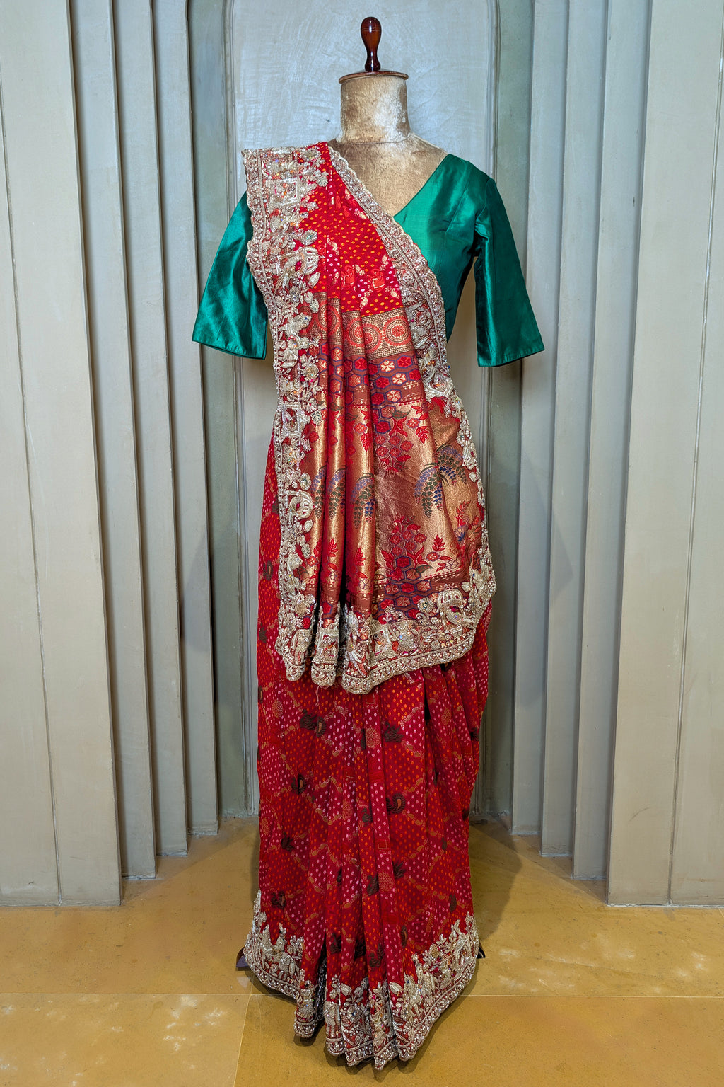 Red Georgette Bandhej Saree with Embroidery and Sequins Work