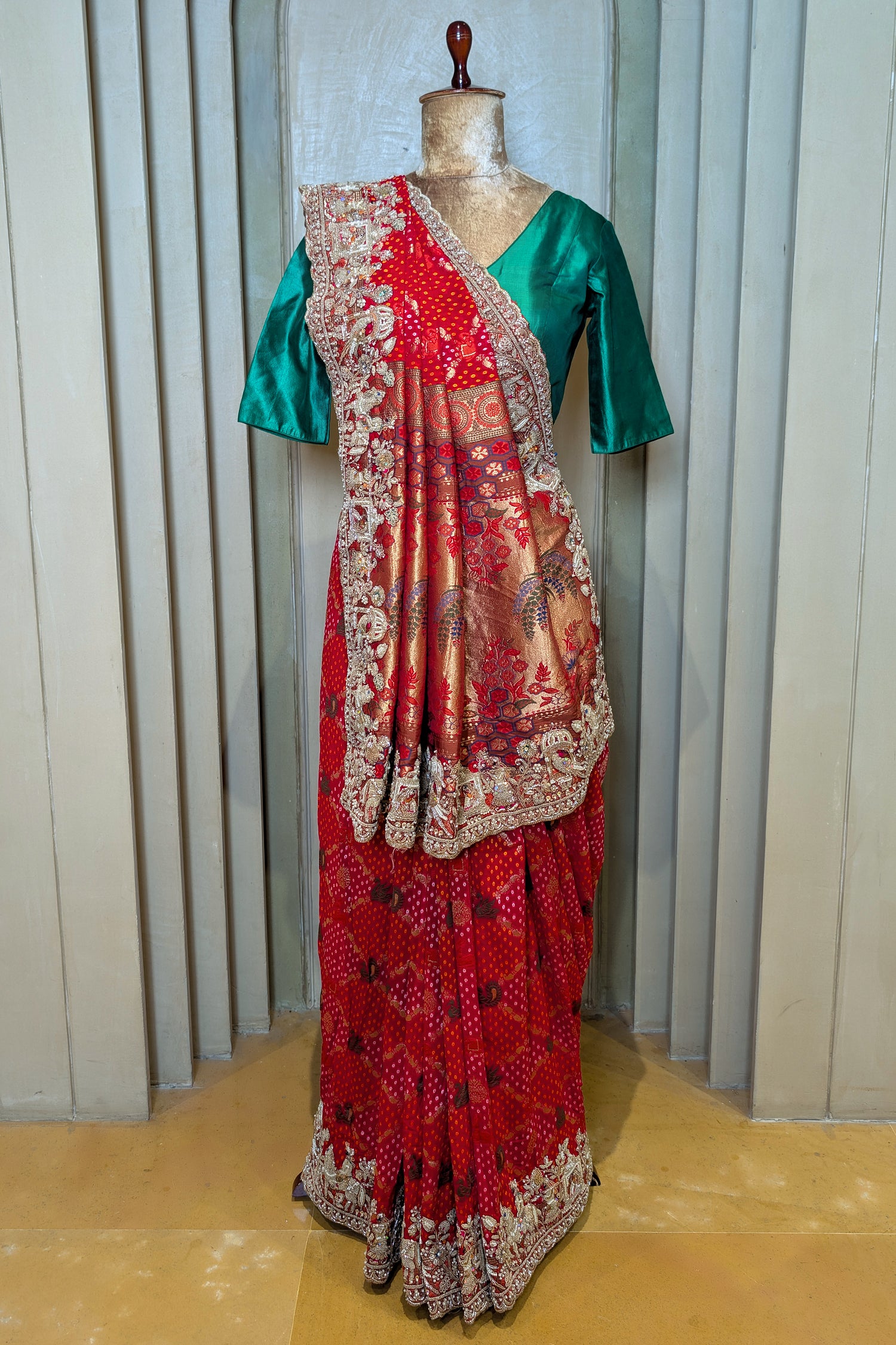 Red Georgette Bandhej Saree with Embroidery and Sequins Work