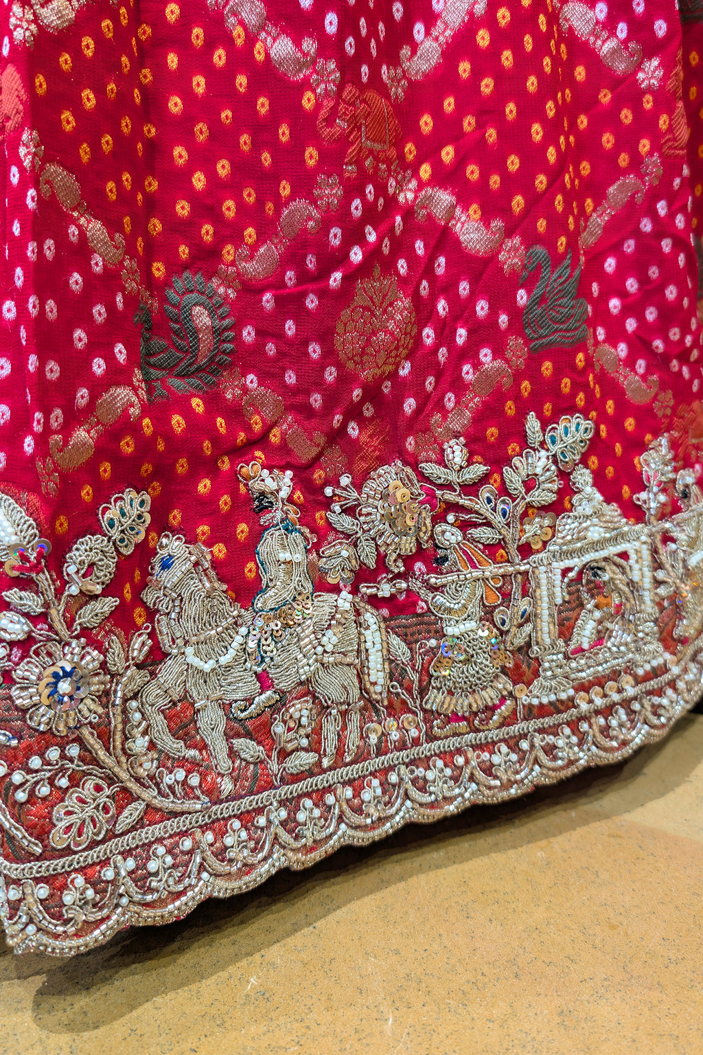 Red Georgette Bandhej Saree with Embroidery and Sequins Work