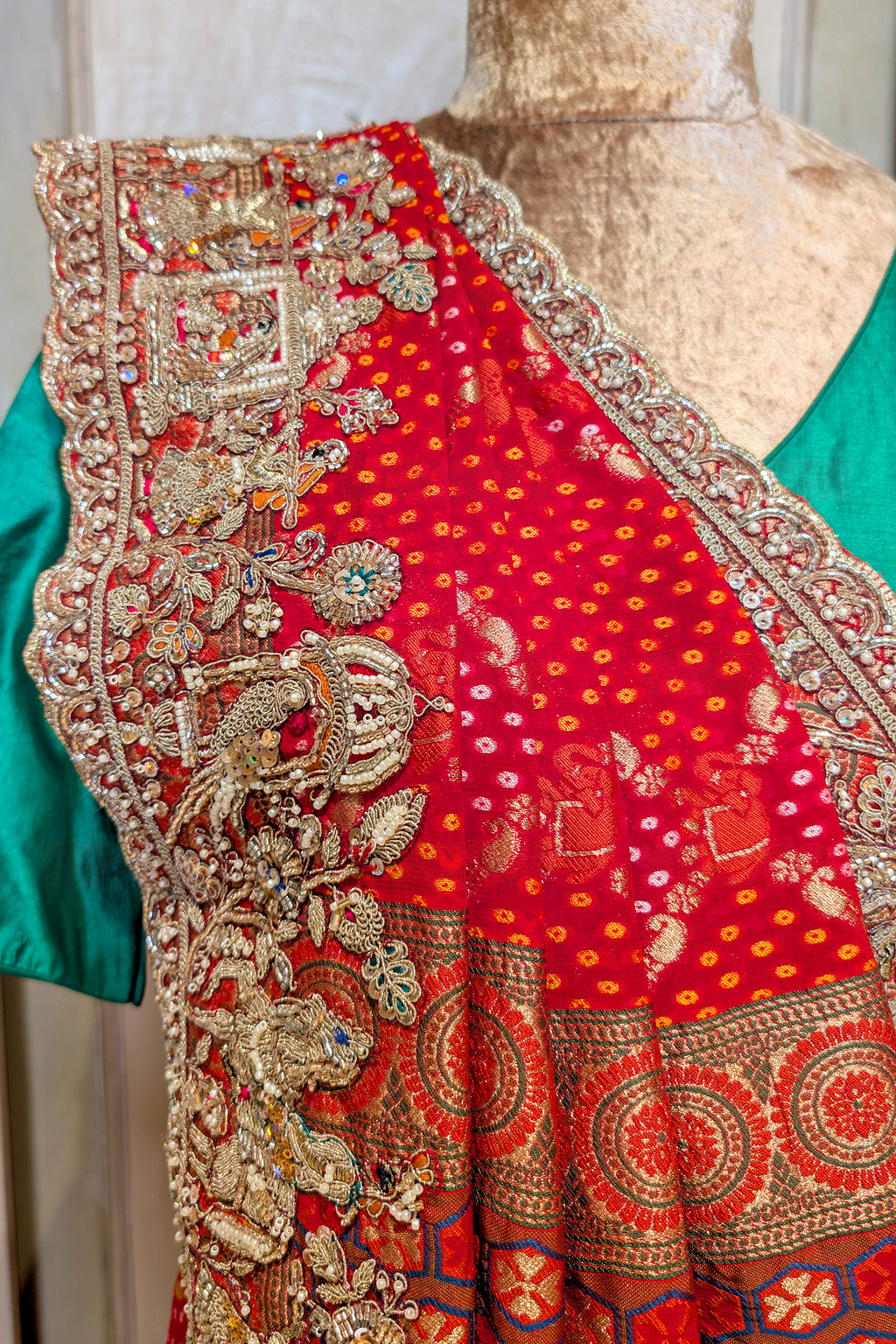 Red Georgette Bandhej Saree with Embroidery and Sequins Work