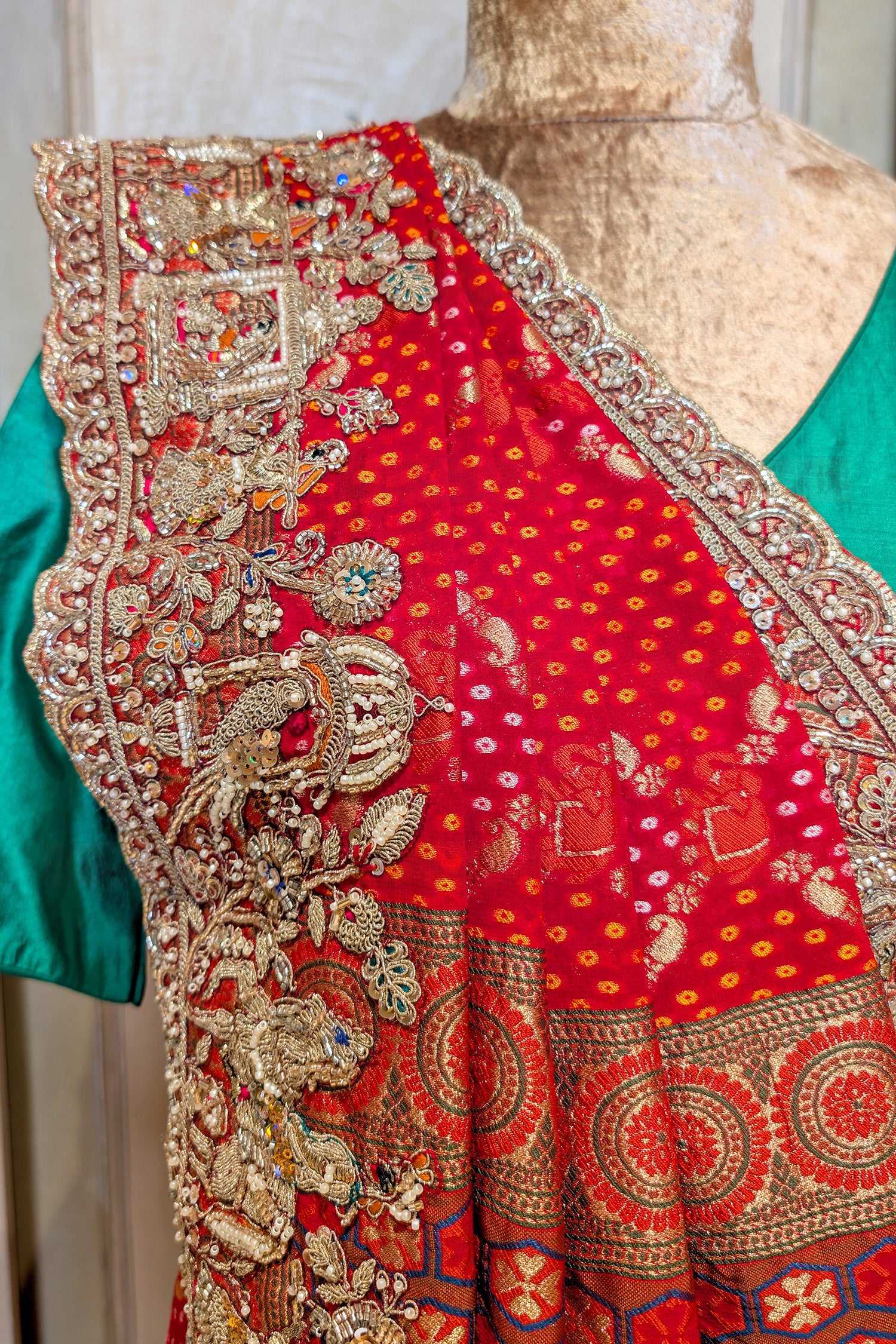 Red Georgette Bandhej Saree with Embroidery and Sequins Work