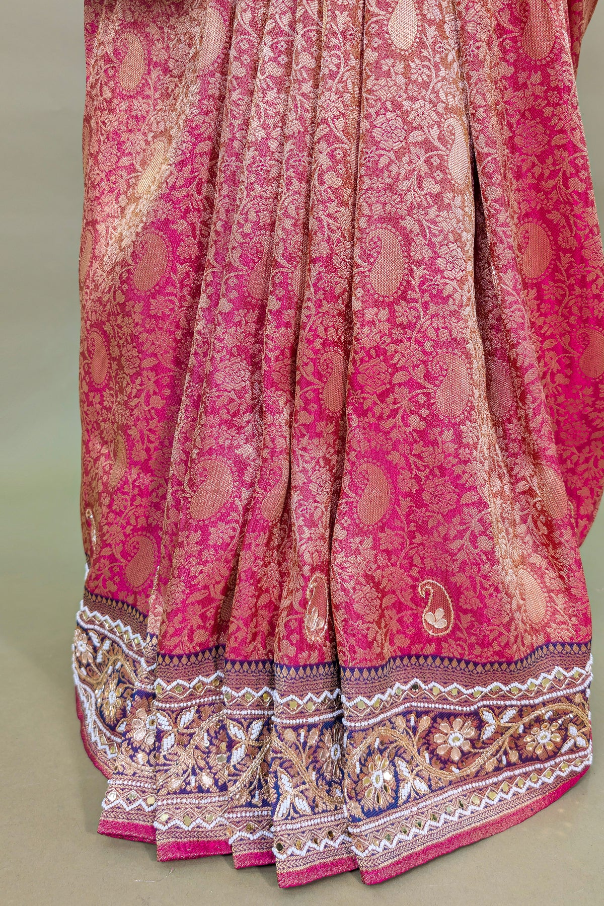 Coral Pink Traditional Woven Saree with Heavy Beaded Pallu and Border