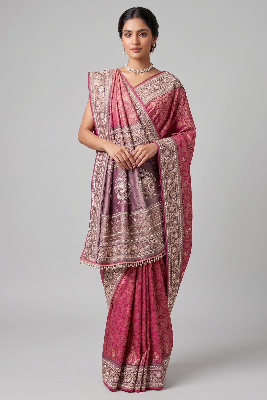 Coral Pink Traditional Woven Saree with Heavy Beaded Pallu and Border