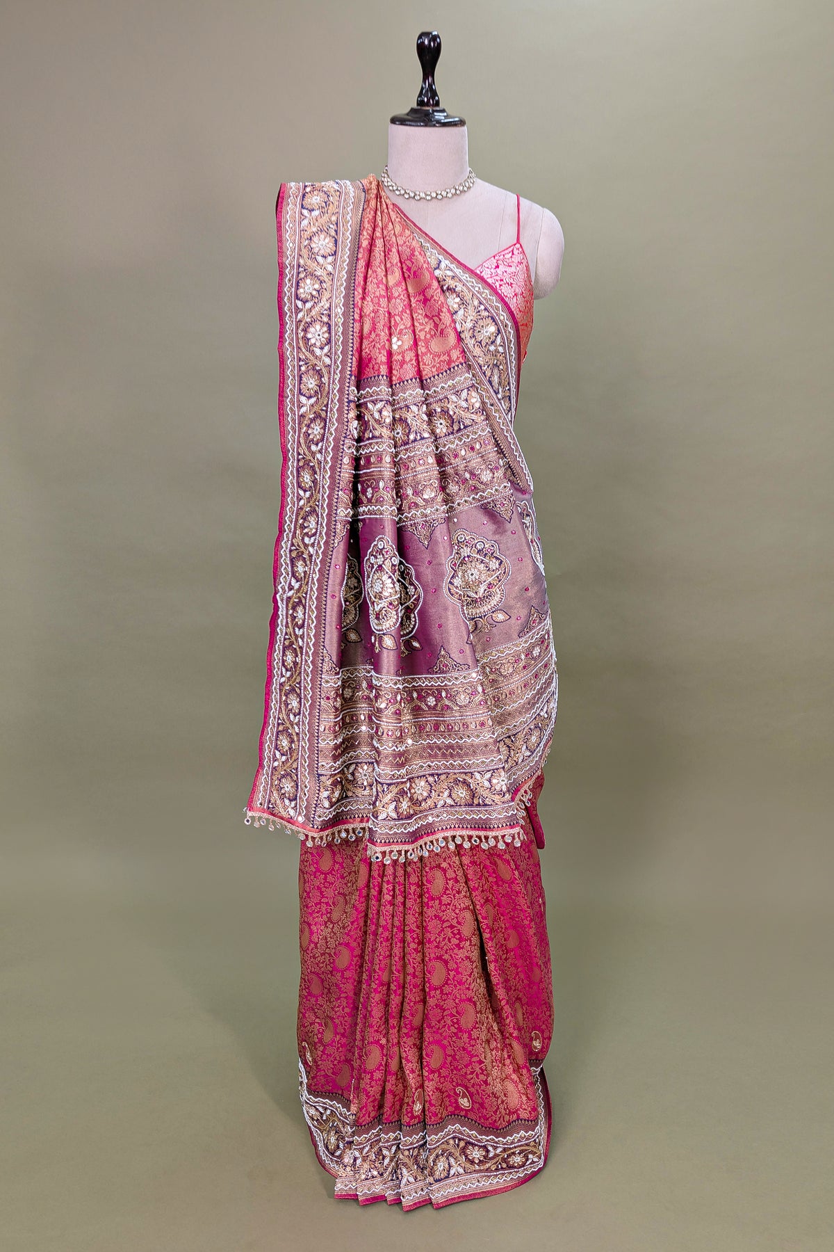 Coral Pink Traditional Woven Saree with Heavy Beaded Pallu and Border