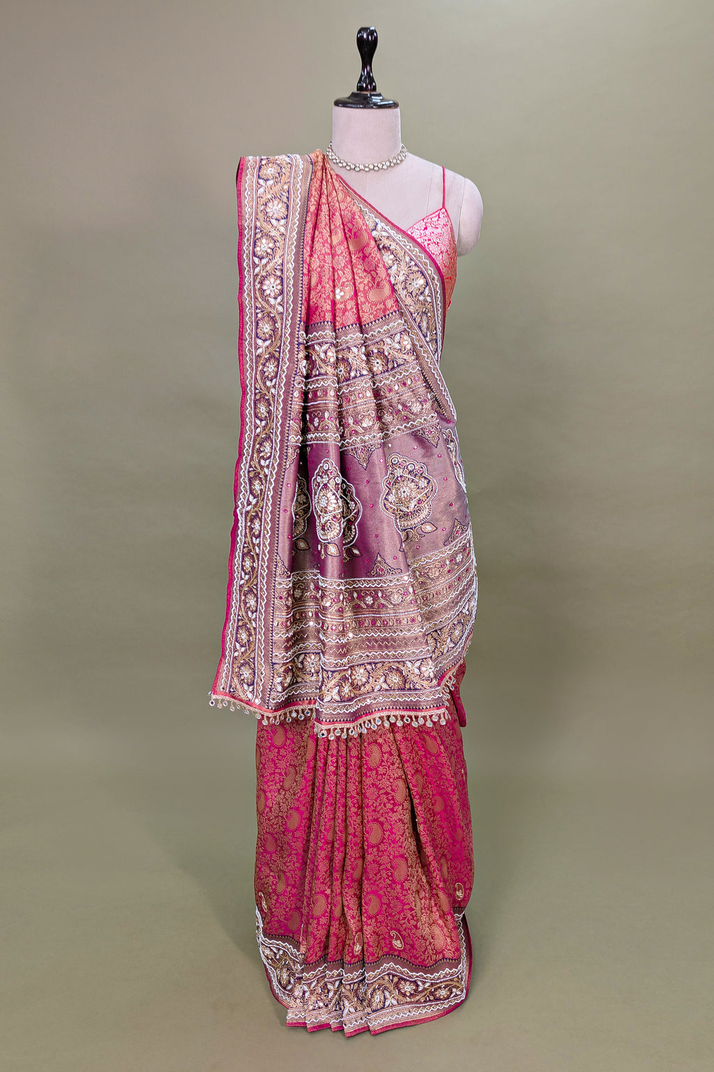 Coral Pink Traditional Woven Saree with Heavy Beaded Pallu and Border