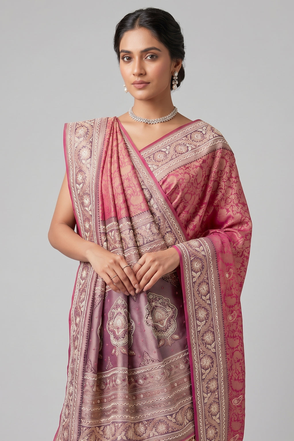 Coral Pink Traditional Woven Saree with Heavy Beaded Pallu and Border