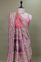 Coral Pink Traditional Woven Saree with Heavy Beaded Pallu and Border