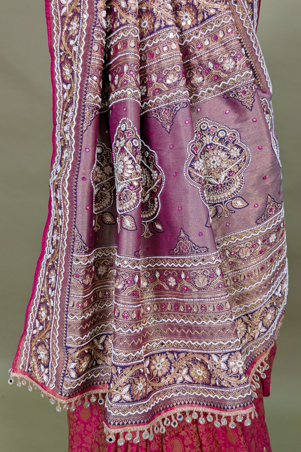 Coral Pink Traditional Woven Saree with Heavy Beaded Pallu and Border