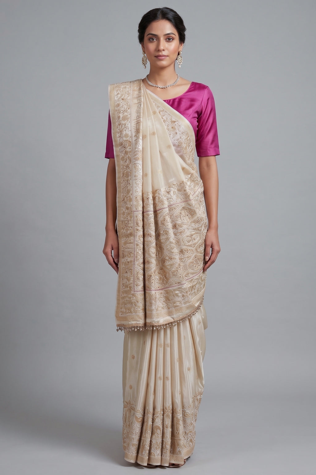 Off White Dola Silk Saree with Woven Bird and Floral Motif Bead Work Border and Pallu