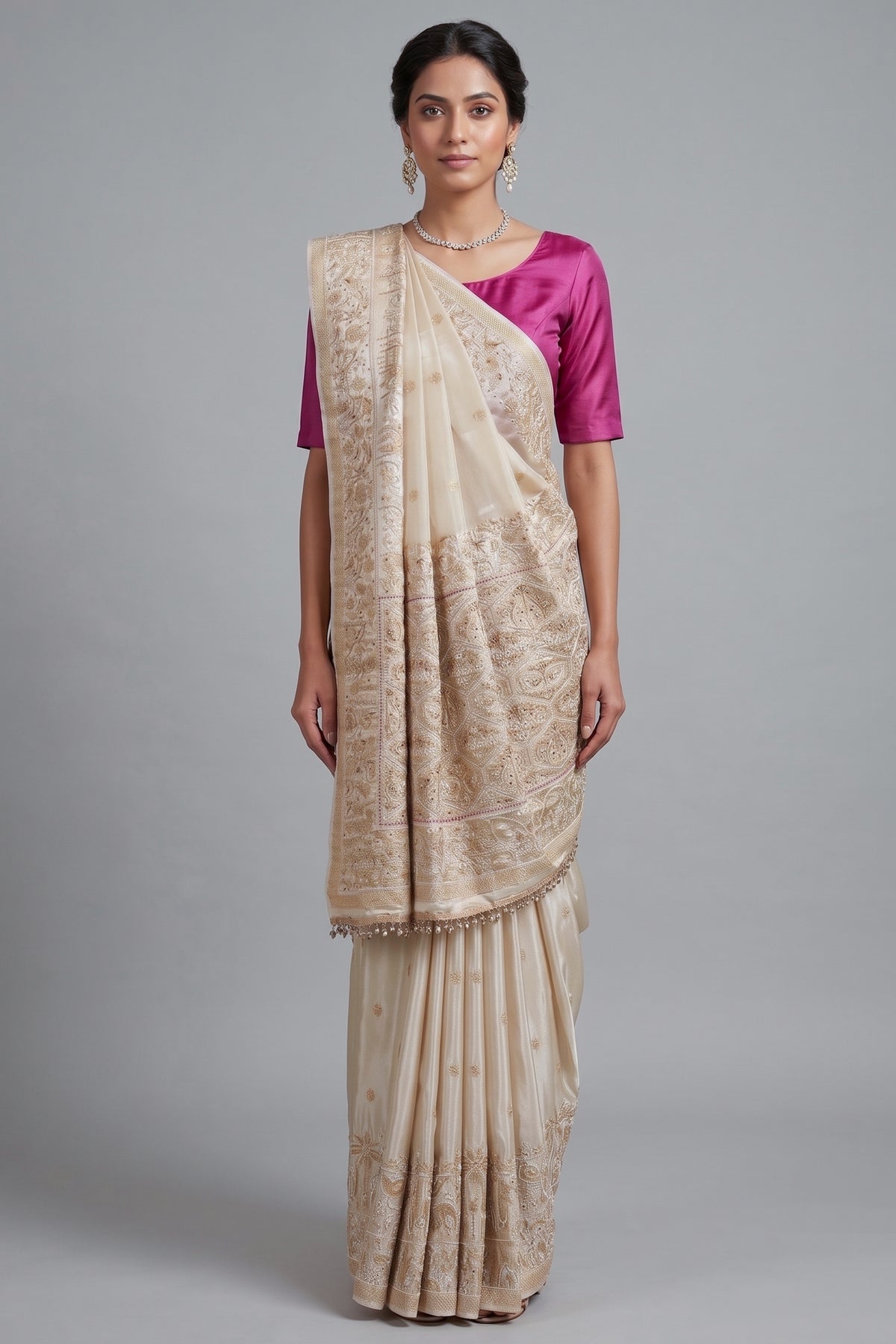 Off White Dola Silk Saree with Woven Bird and Floral Motif Bead Work Border and Pallu