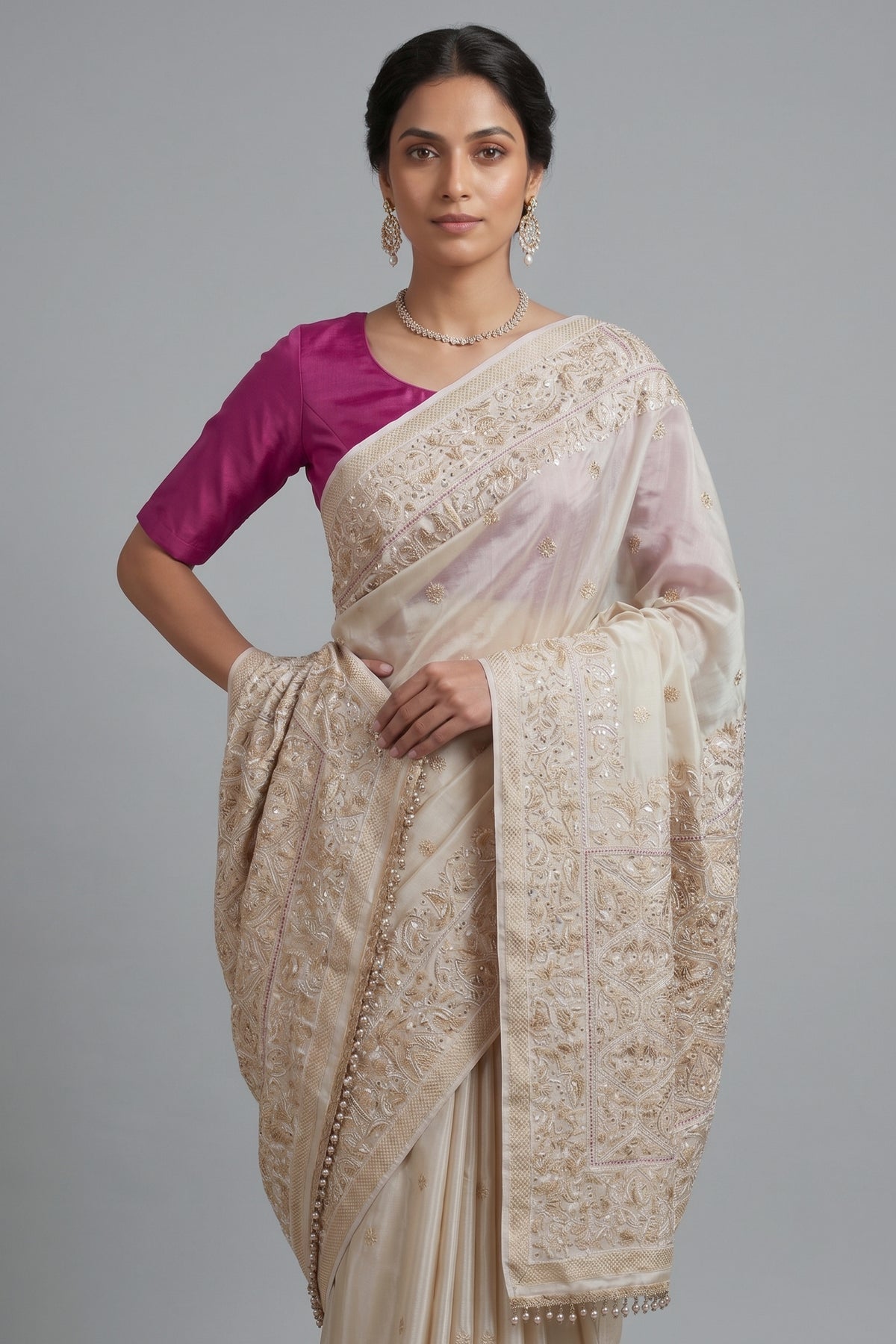 Off White Dola Silk Saree with Woven Bird and Floral Motif Bead Work Border and Pallu
