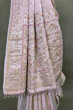 Off White Dola Silk Saree with Woven Bird and Floral Motif Bead Work Border and Pallu