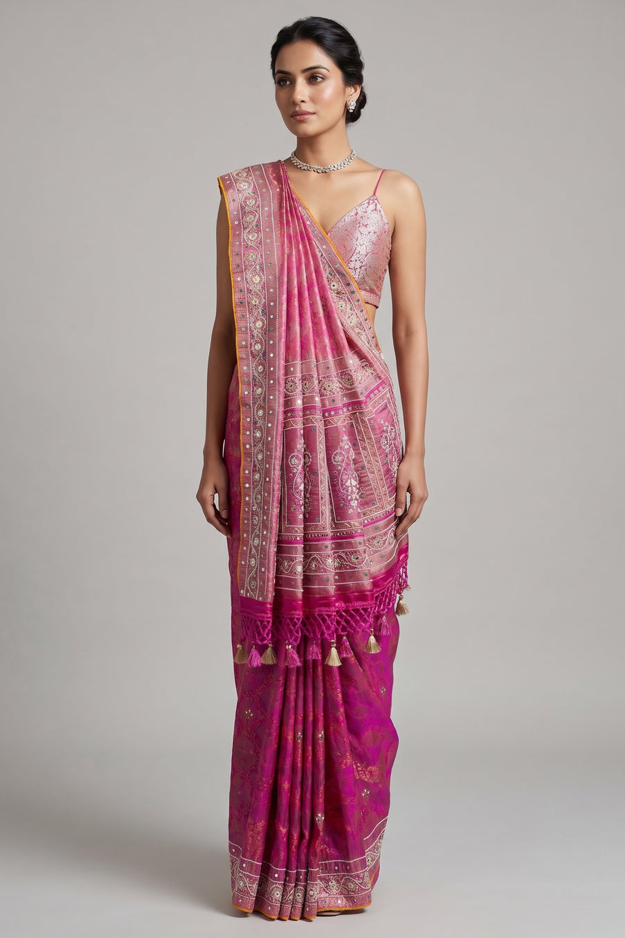 Pink Dola Tissue Silk Woven Saree with Beaded and Applique Work