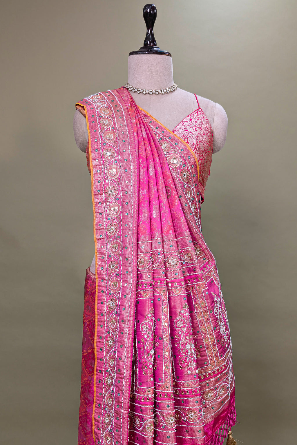 Pink Dola Tissue Silk Woven Saree with Beaded and Applique Work