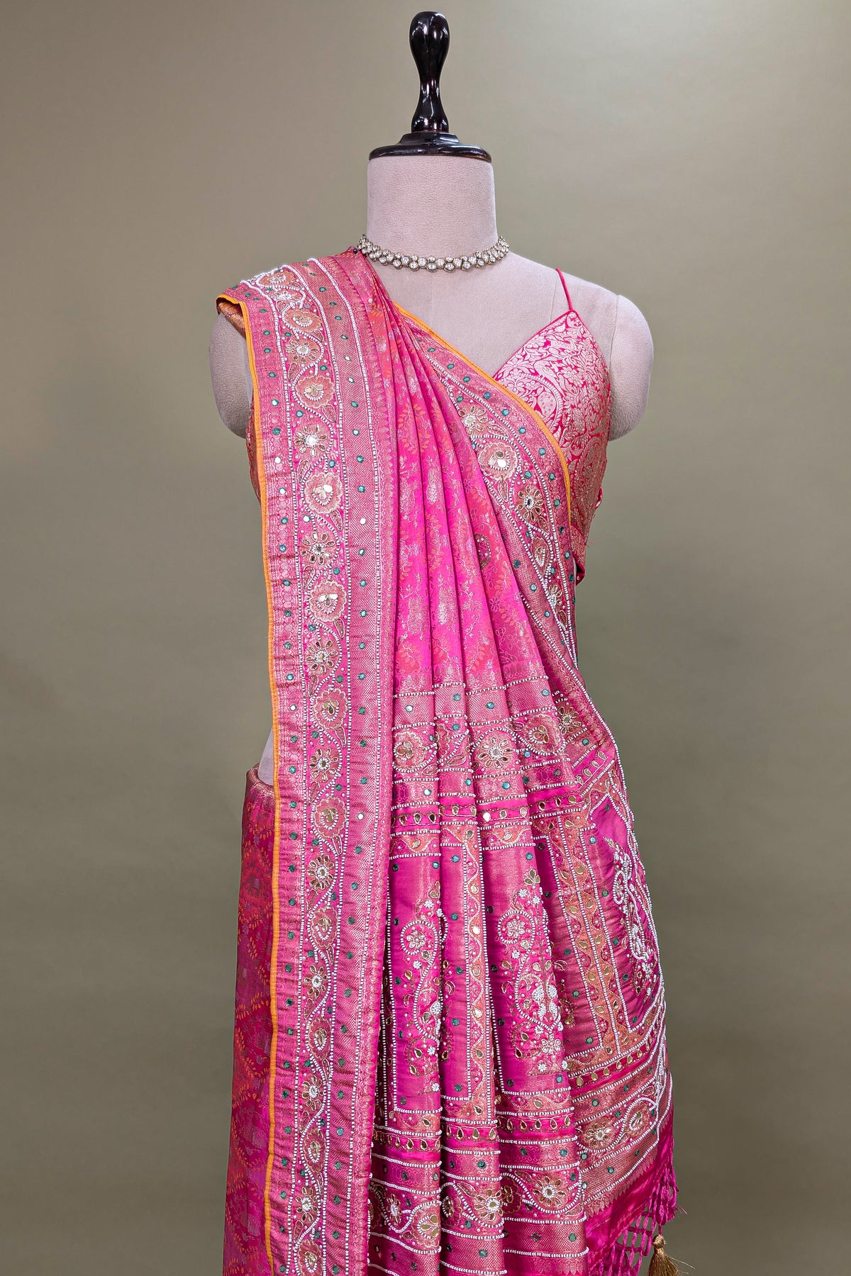 Pink Dola Tissue Silk Woven Saree with Beaded and Applique Work