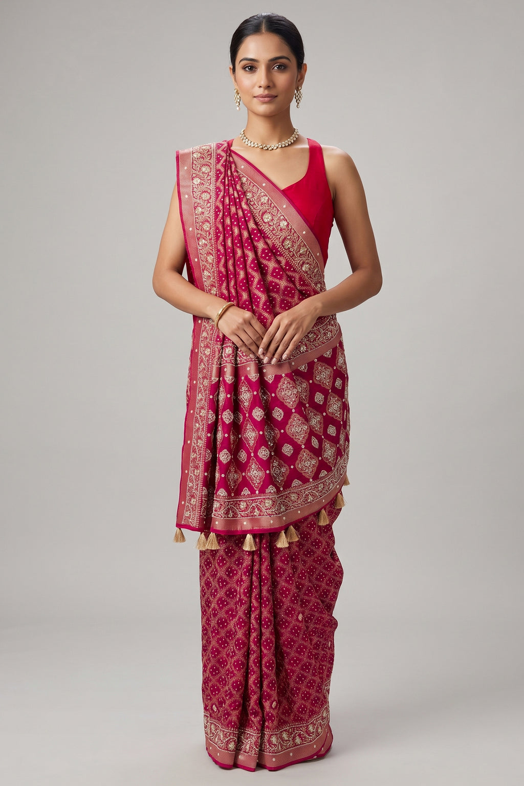 Red Art Silk Checks Bandhej Saree with Beaded and Applique Work Pallu