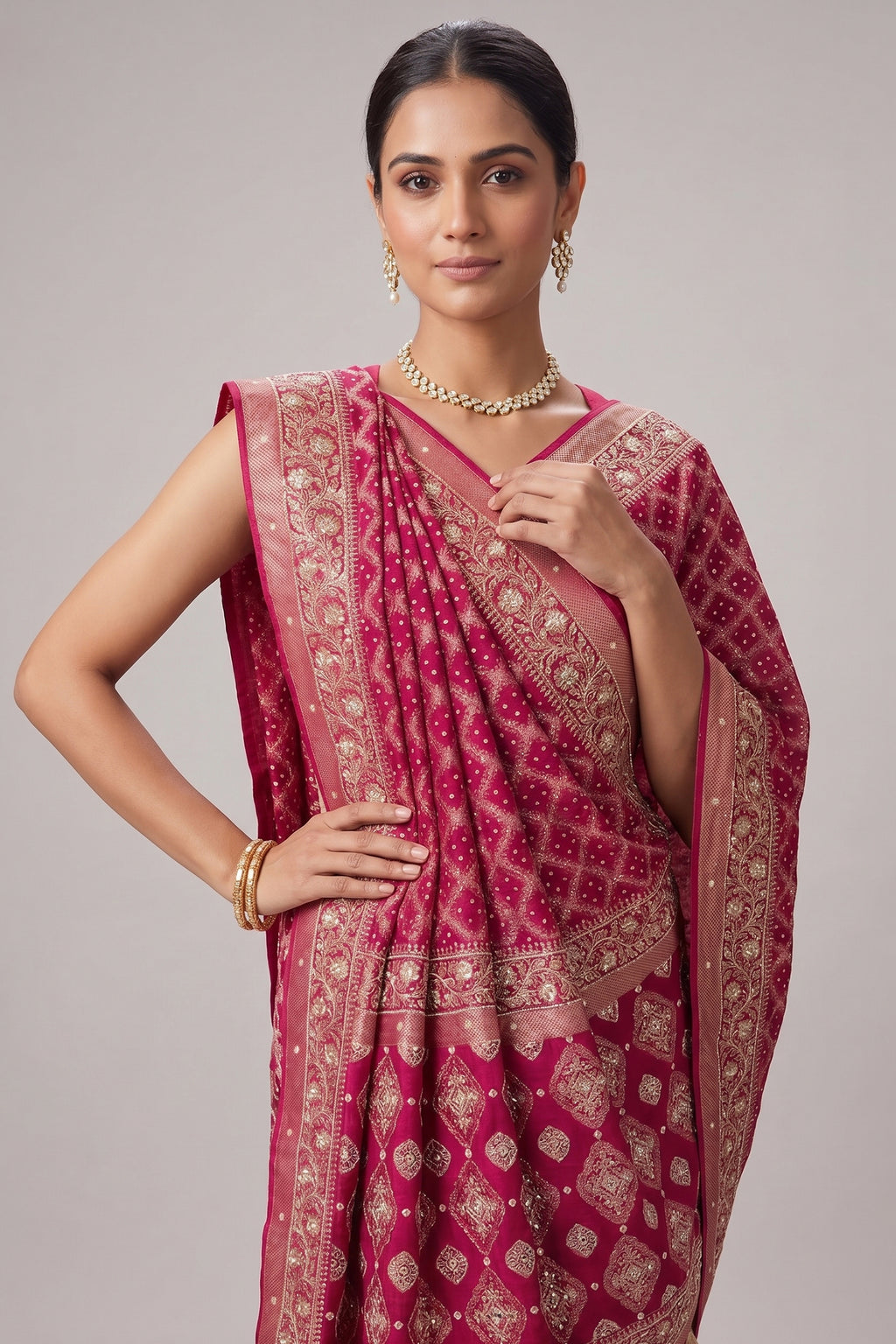 Red Art Silk Checks Bandhej Saree with Beaded and Applique Work Pallu