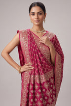 Red Art Silk Checks Bandhej Saree with Beaded and Applique Work Pallu