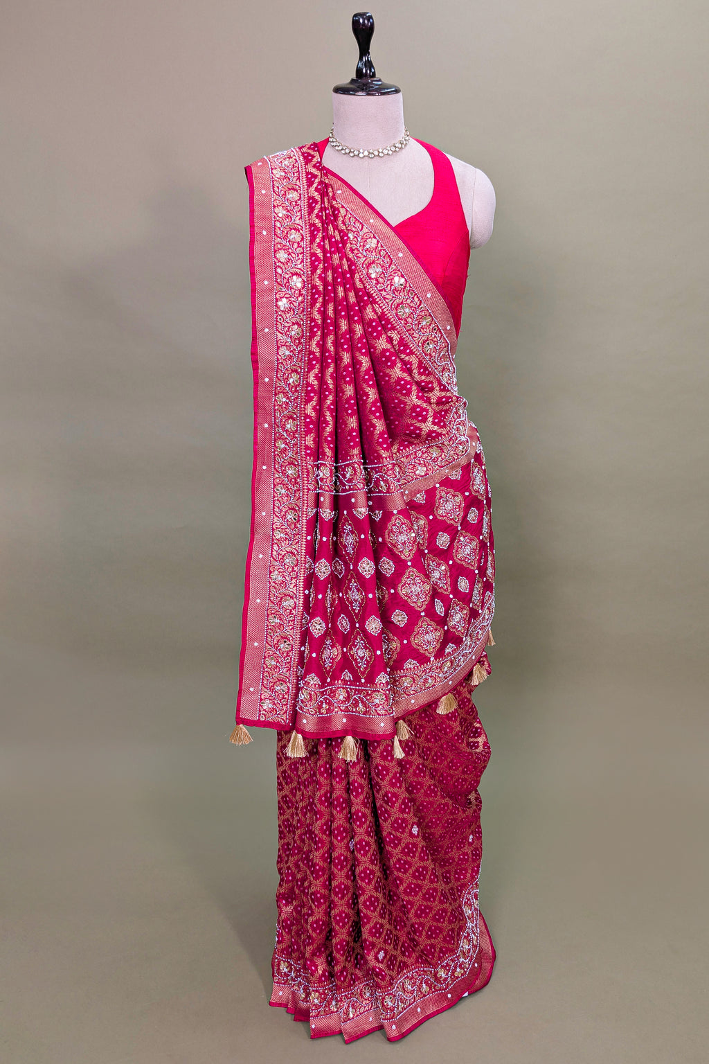 Red Art Silk Checks Bandhej Saree with Beaded and Applique Work Pallu