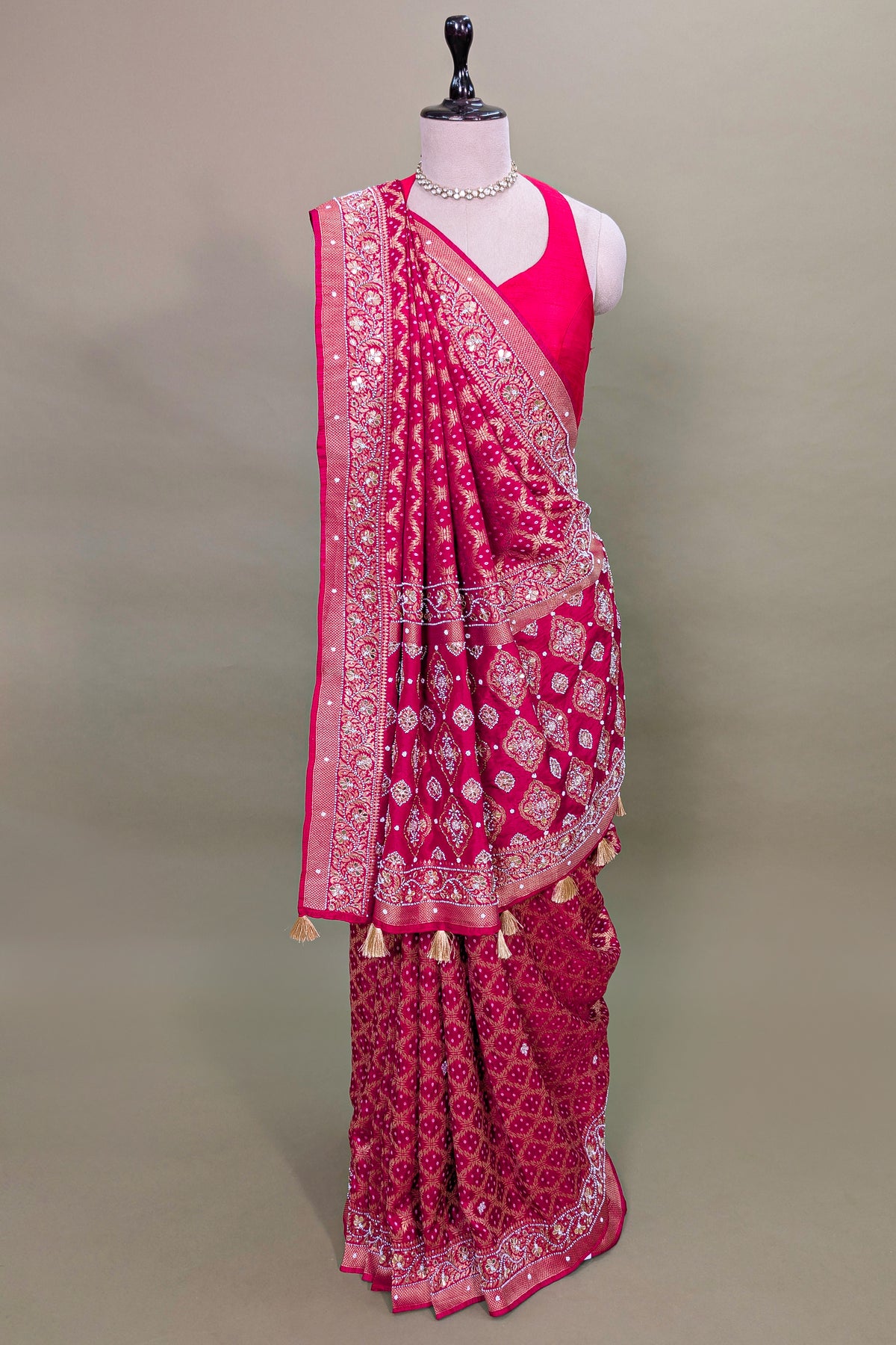 Red Art Silk Checks Bandhej Saree with Beaded and Applique Work Pallu