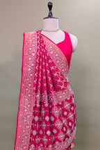 Red Art Silk Checks Bandhej Saree with Beaded and Applique Work Pallu