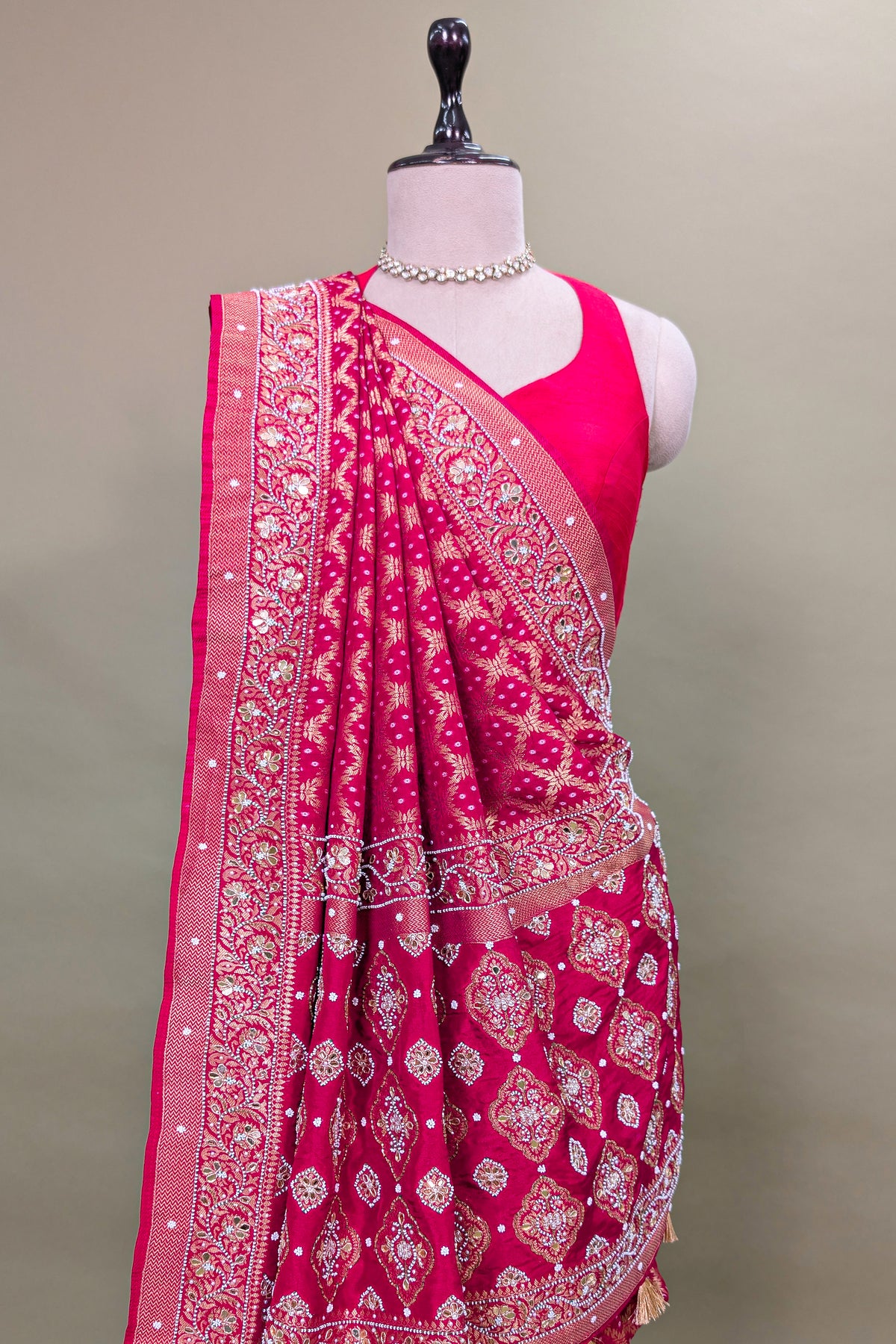 Red Art Silk Checks Bandhej Saree with Beaded and Applique Work Pallu