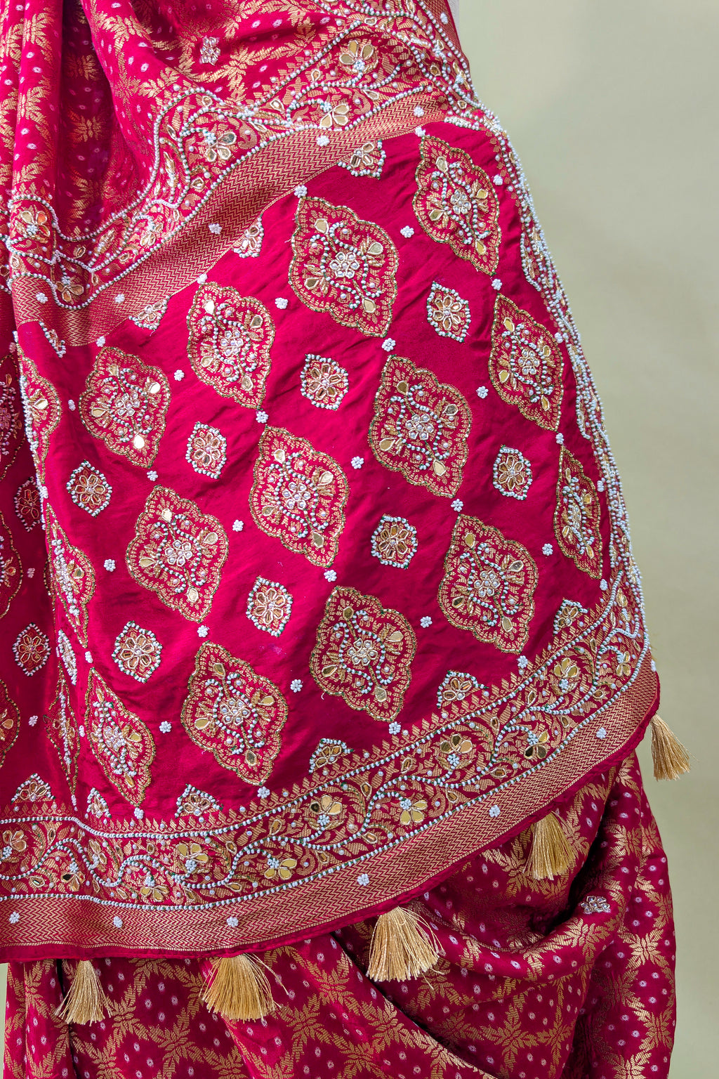Red Art Silk Checks Bandhej Saree with Beaded and Applique Work Pallu