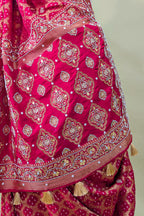 Red Art Silk Checks Bandhej Saree with Beaded and Applique Work Pallu