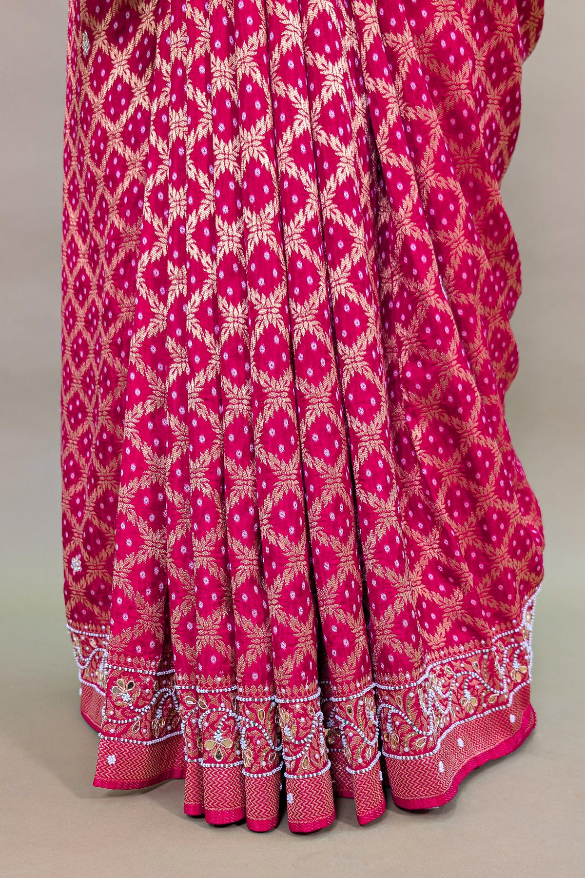 Red Art Silk Checks Bandhej Saree with Beaded and Applique Work Pallu
