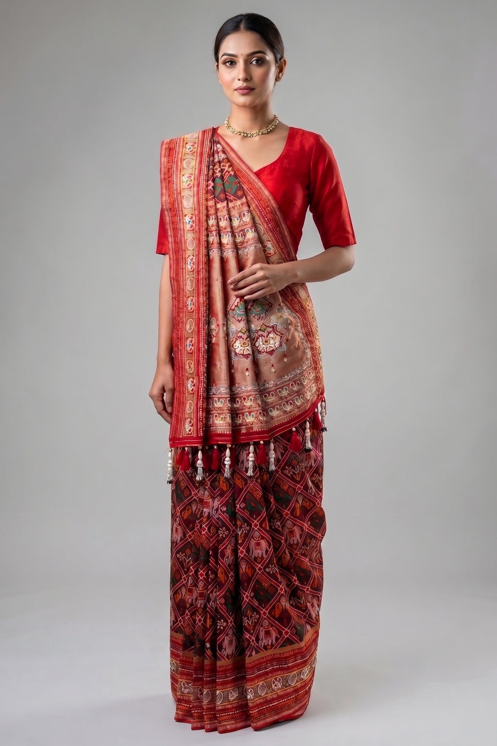 Red Silk Checks Patola Traditional Saree with Bead Work Border and Pallu