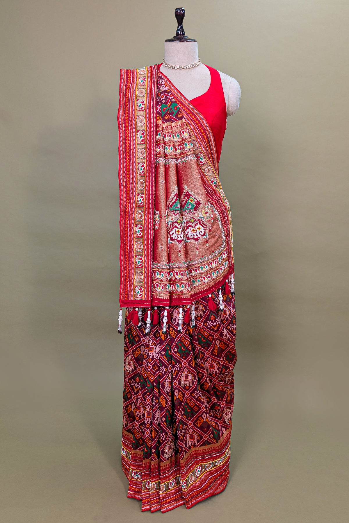 Red Silk Checks Patola Traditional Saree with Bead Work Border and Pallu
