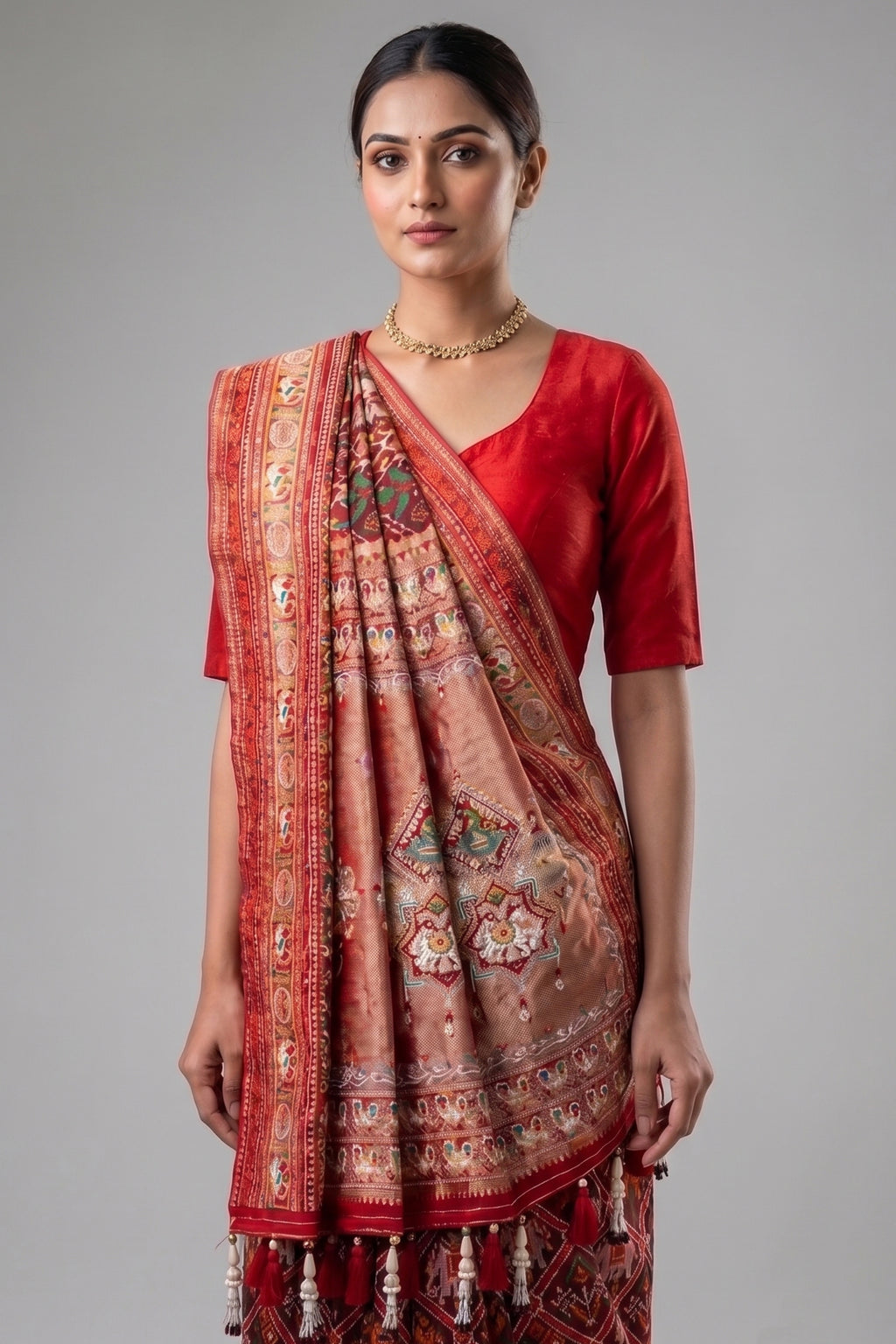 Red Silk Checks Patola Traditional Saree with Bead Work Border and Pallu