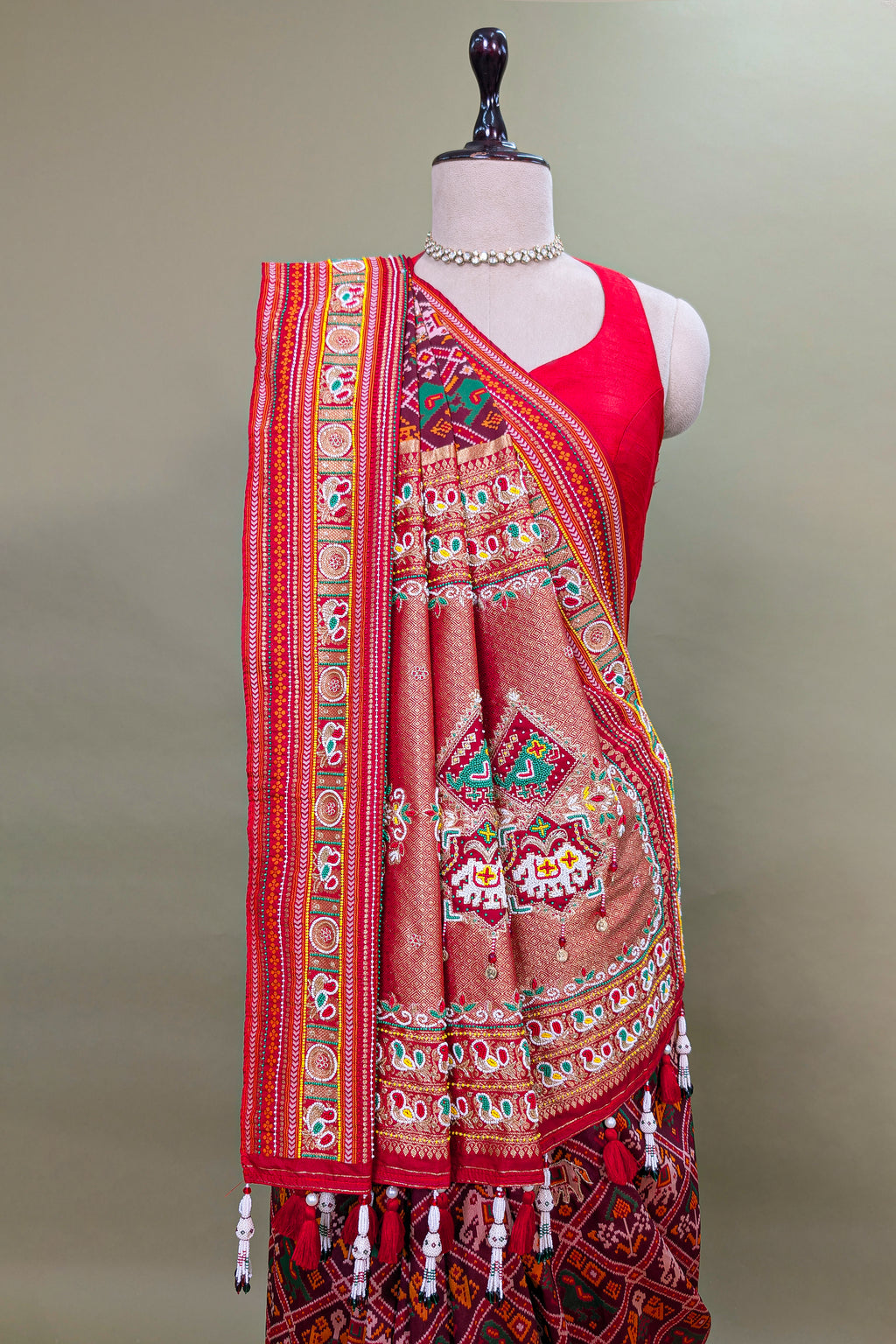 Red Silk Checks Patola Traditional Saree with Bead Work Border and Pallu
