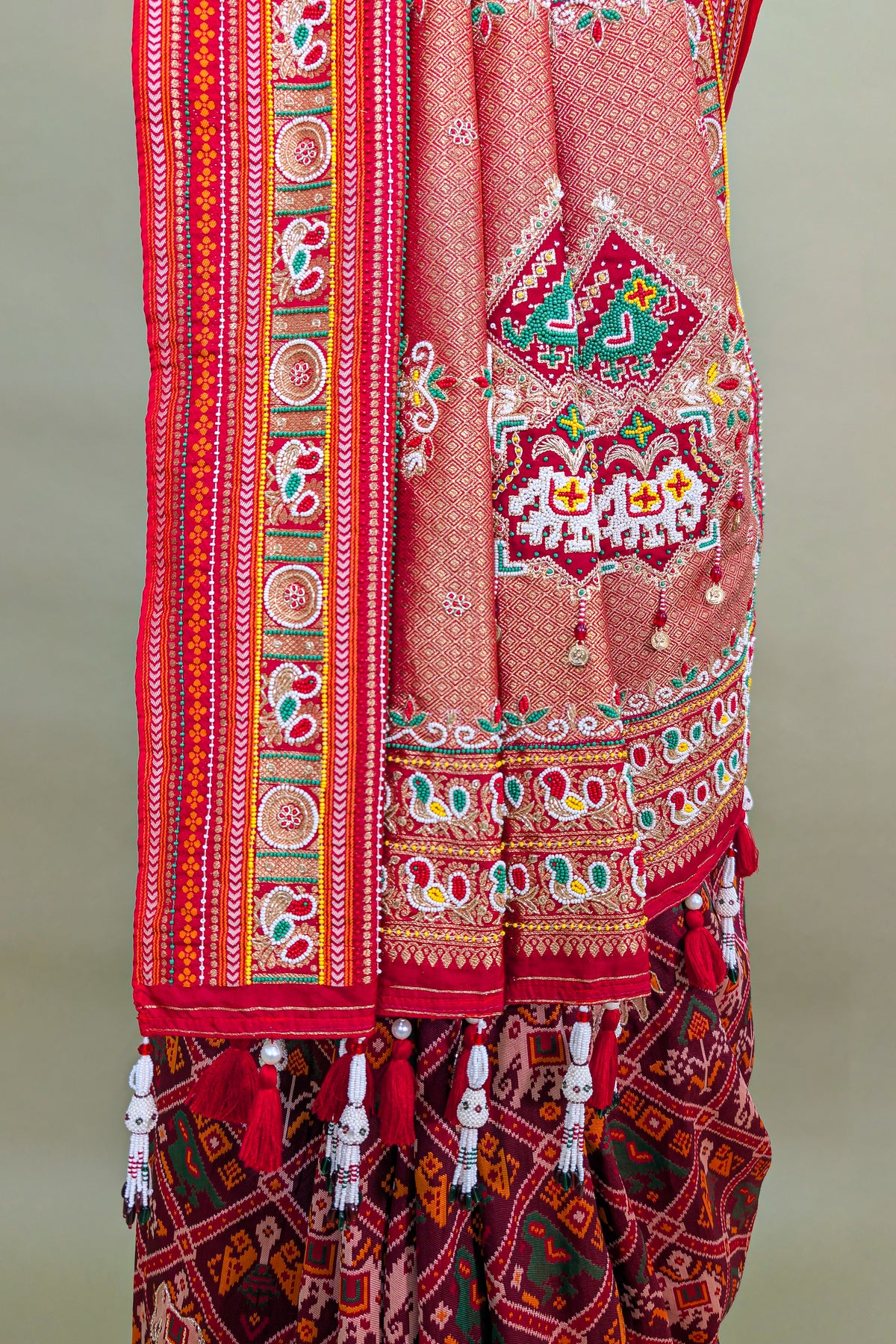 Red Silk Checks Patola Traditional Saree with Bead Work Border and Pallu
