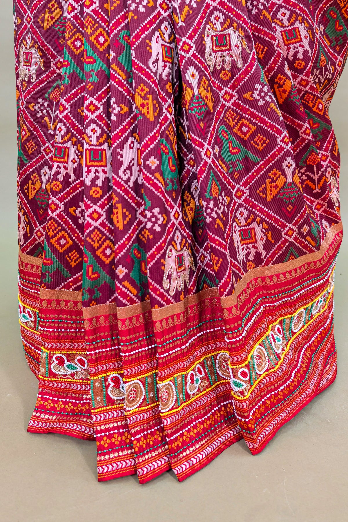 Red Silk Checks Patola Traditional Saree with Bead Work Border and Pallu