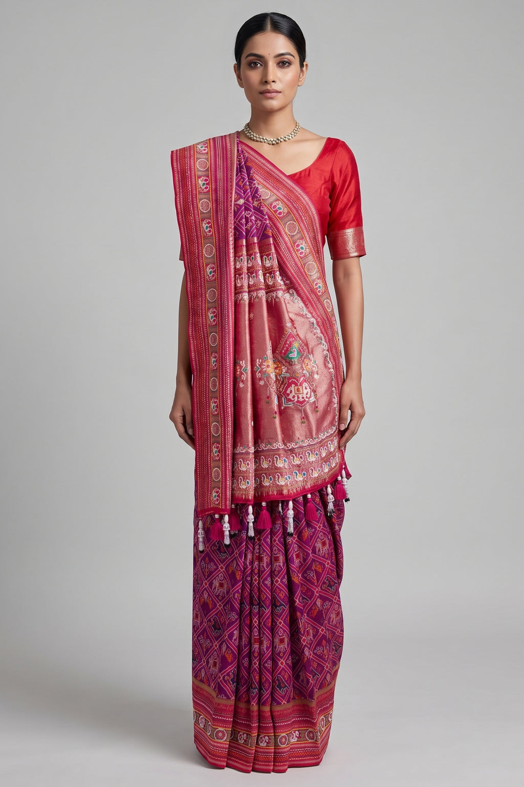 Purple Silk Checks Patola Traditional Saree with Bead Work Border and Pallu