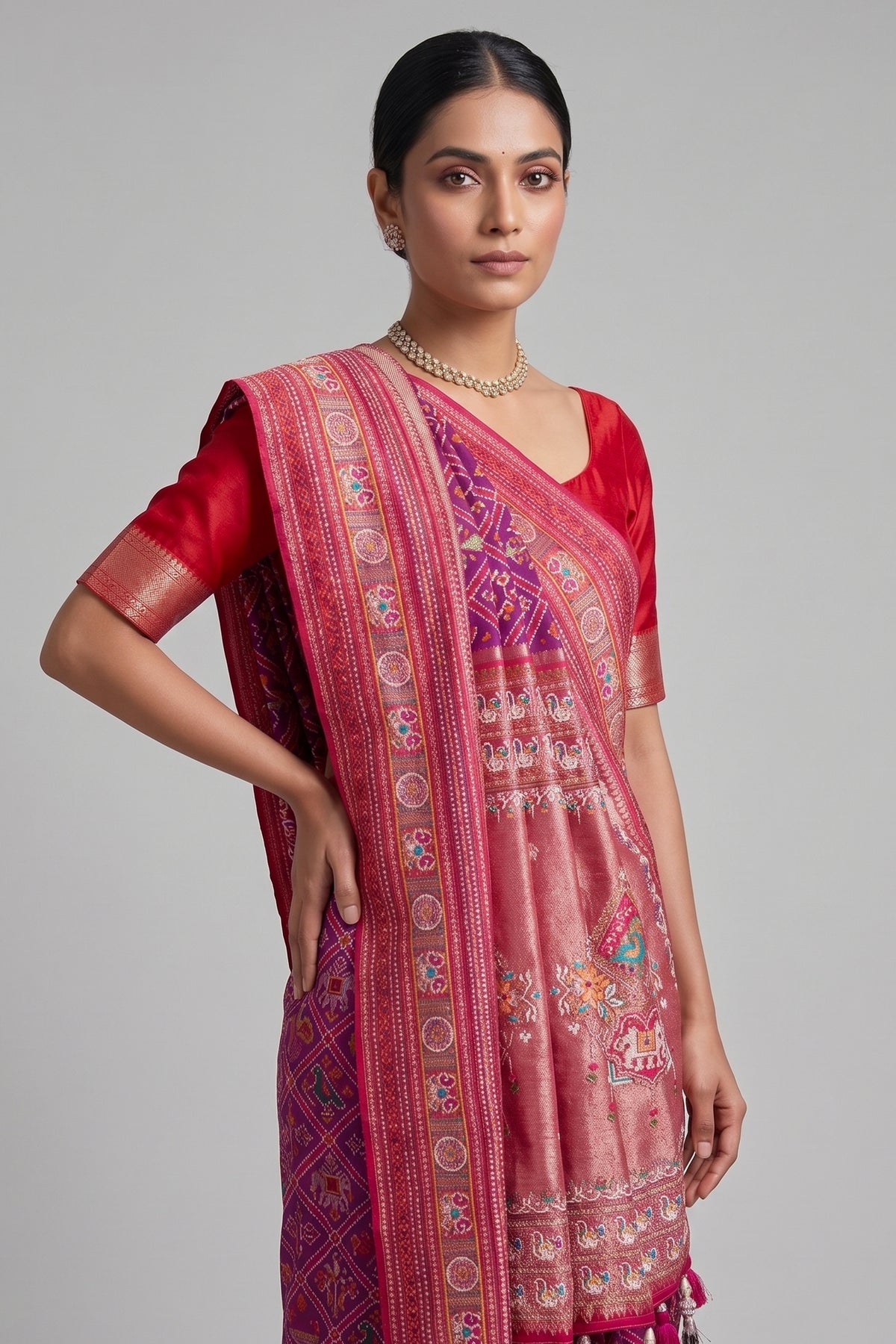 Purple Silk Checks Patola Traditional Saree with Bead Work Border and Pallu
