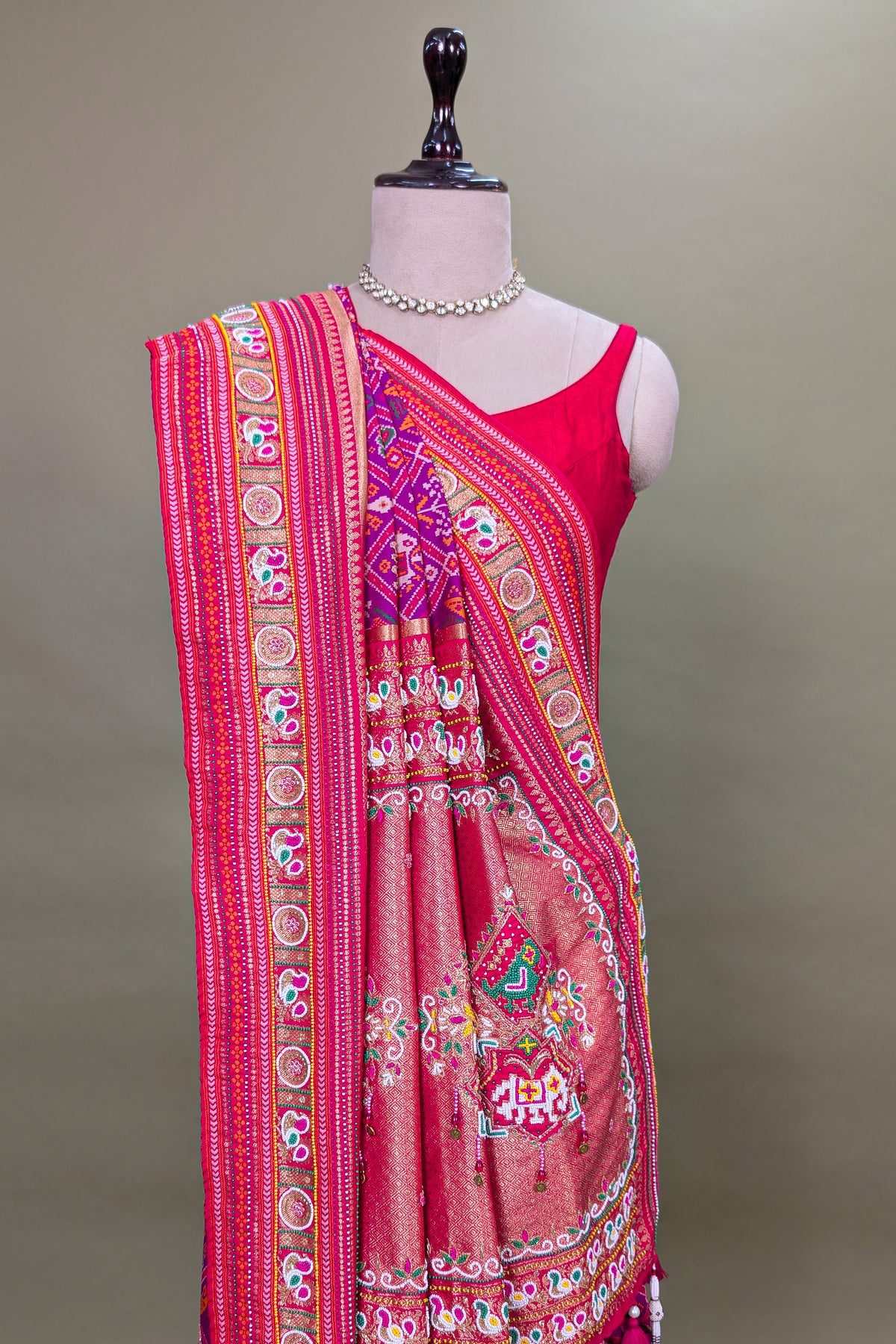 Purple Silk Checks Patola Traditional Saree with Bead Work Border and Pallu