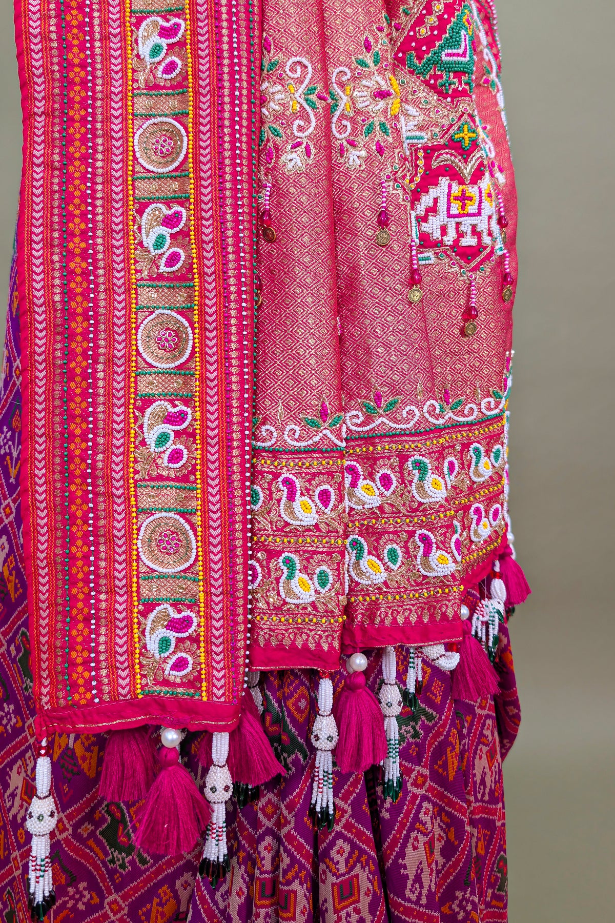 Purple Silk Checks Patola Traditional Saree with Bead Work Border and Pallu