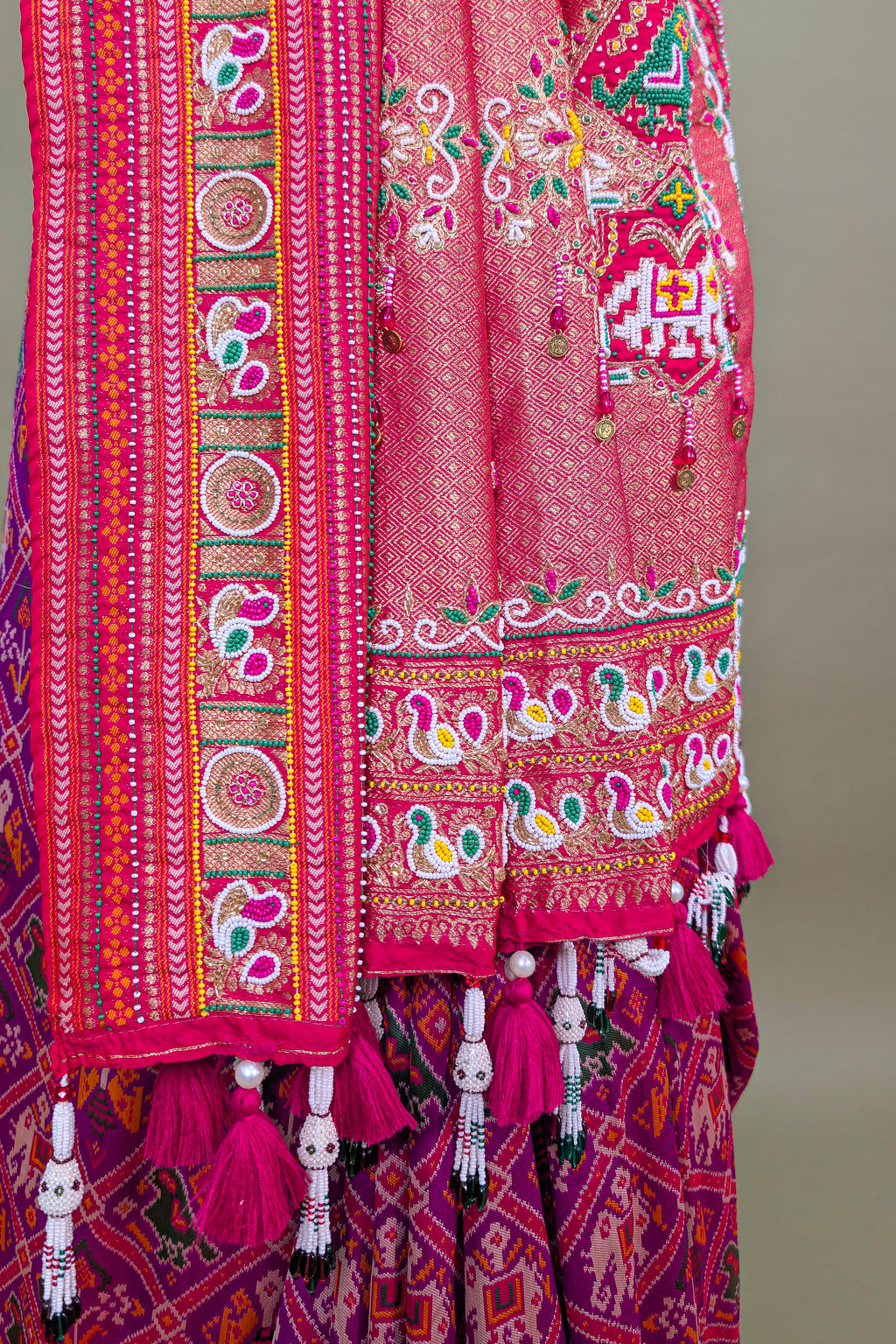 Purple Silk Checks Patola Traditional Saree with Bead Work Border and Pallu