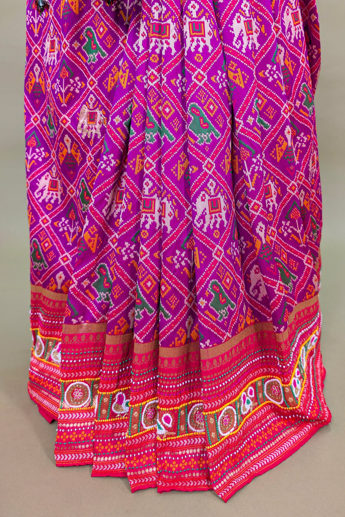 Purple Silk Checks Patola Traditional Saree with Bead Work Border and Pallu