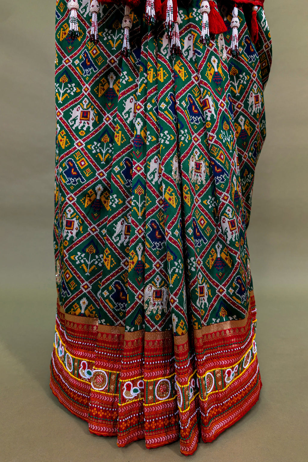 Green Silk Checks Patola Traditional Saree with Bead Work Border and Pallu