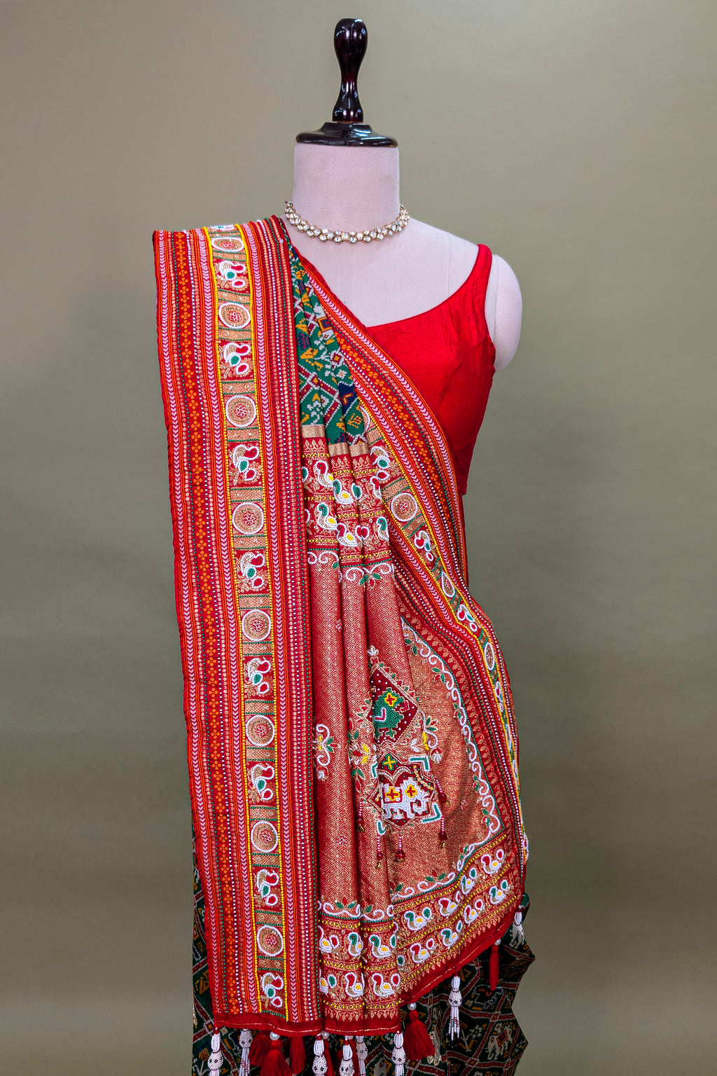 Green Silk Checks Patola Traditional Saree with Bead Work Border and Pallu