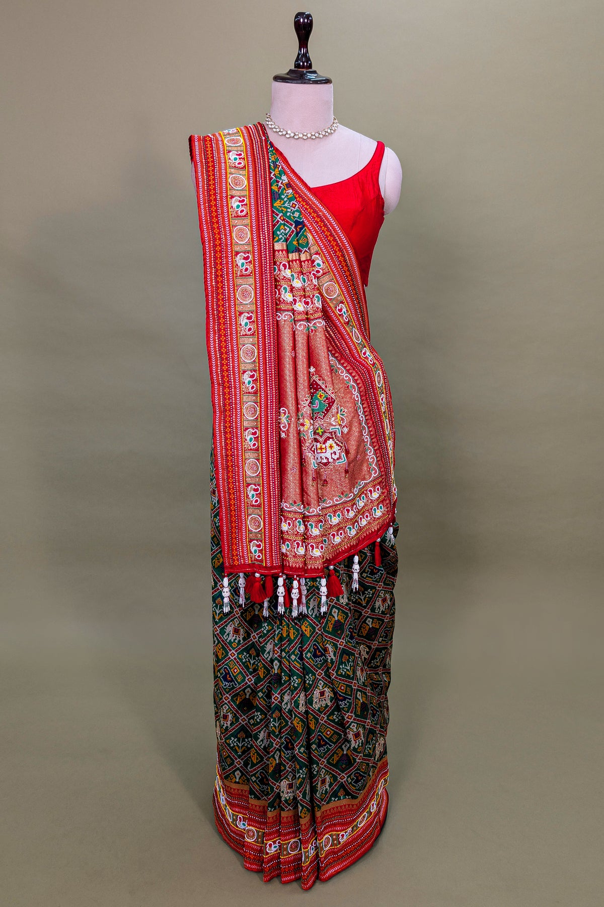 Green Silk Checks Patola Traditional Saree with Bead Work Border and Pallu