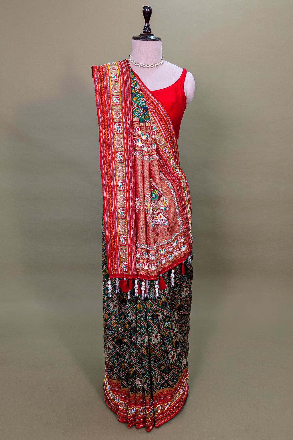 Green Silk Checks Patola Traditional Saree with Bead Work Border and Pallu