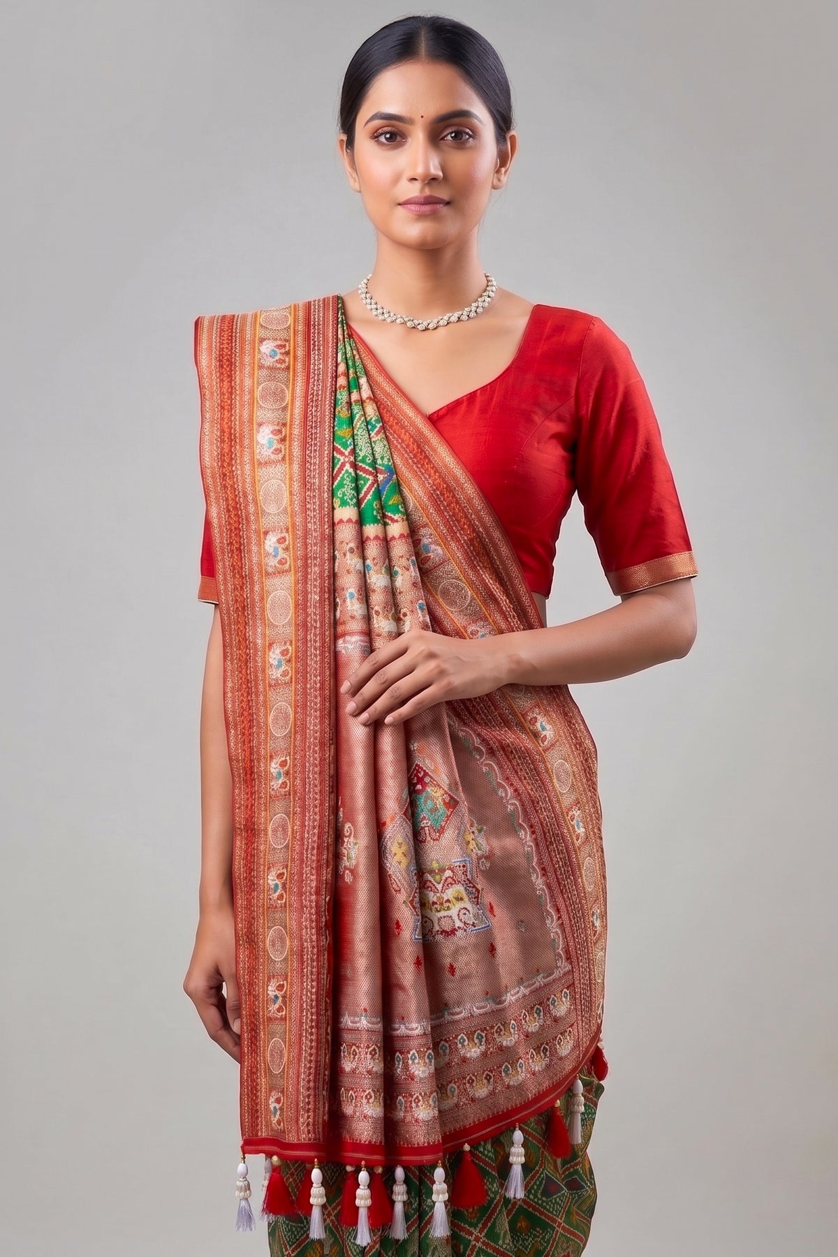 Green Silk Checks Patola Traditional Saree with Bead Work Border and Pallu