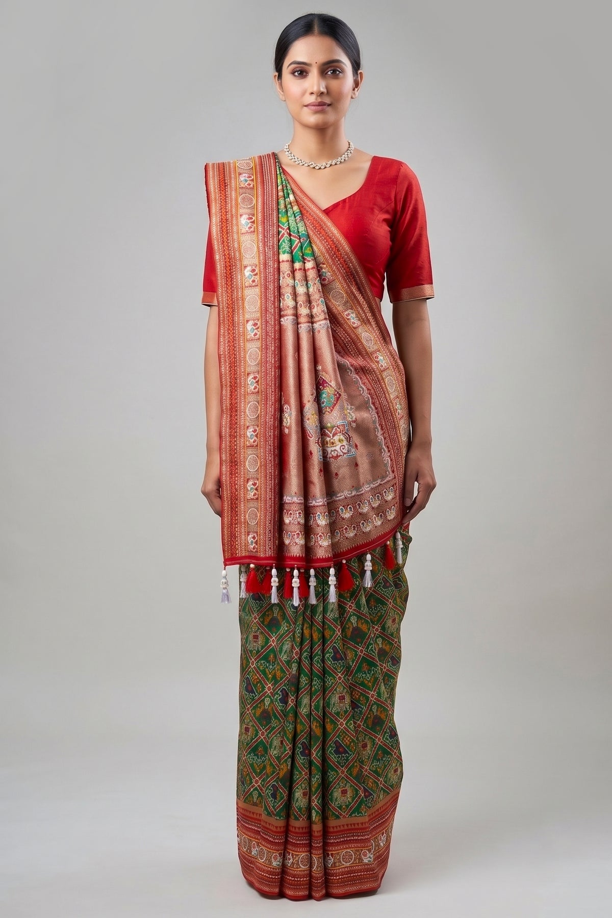 Green Silk Checks Patola Traditional Saree with Bead Work Border and Pallu