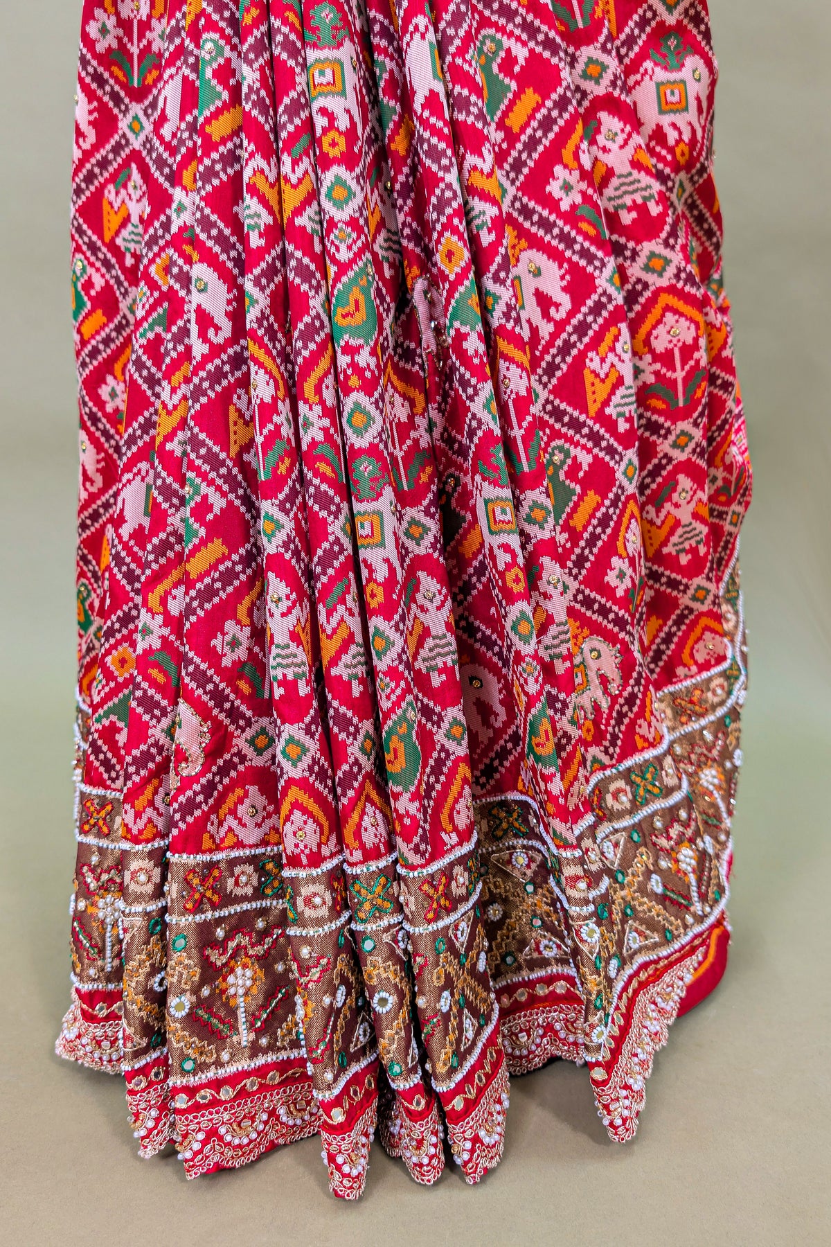 Maroon Silk Traditional Check Patola Saree with Applique Border and Pallu