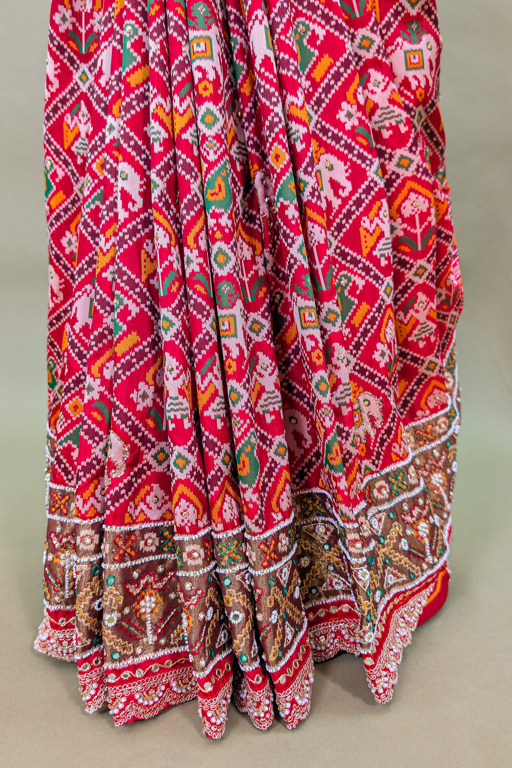 Maroon Silk Traditional Check Patola Saree with Applique Border and Pallu