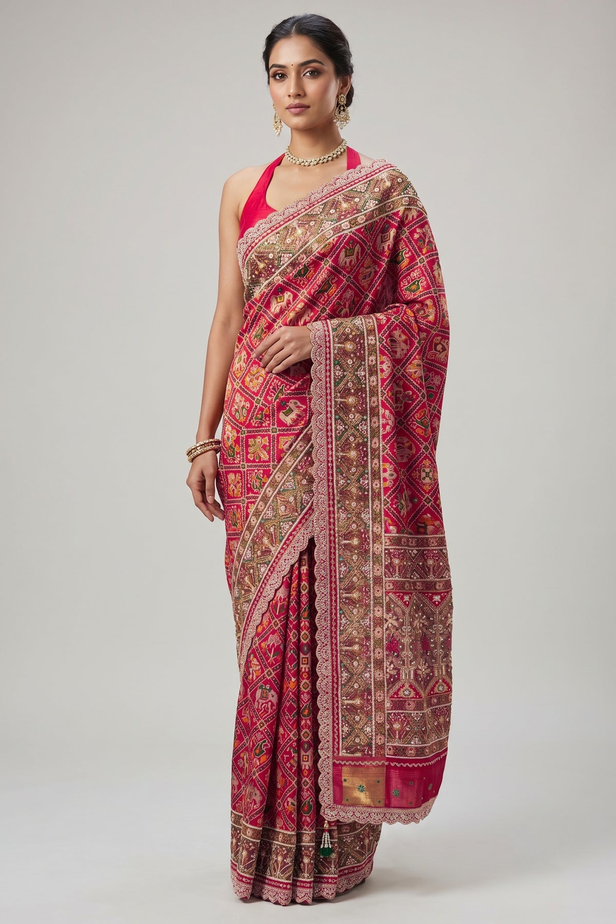 Maroon Silk Traditional Check Patola Saree with Applique Border and Pallu